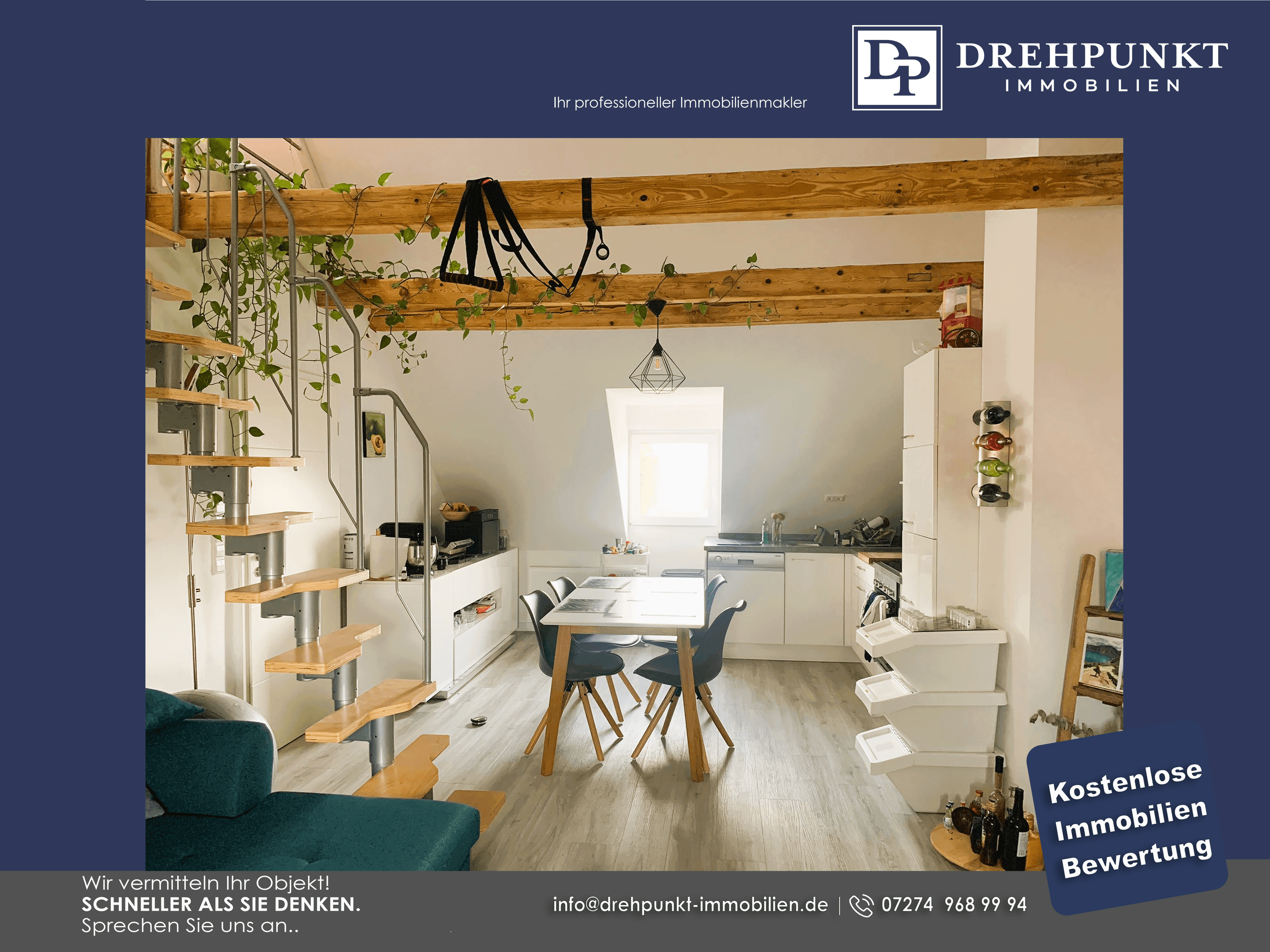 Ruhige und helle 3,5 Zimmer DG-Wohnung-Loft-Charakter *Klimatisiert*